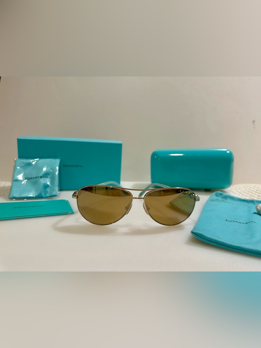 TIFFANY & CO Style #3049-B 6091/64 Women’s Gold Mirror Aviator Sunglasses.